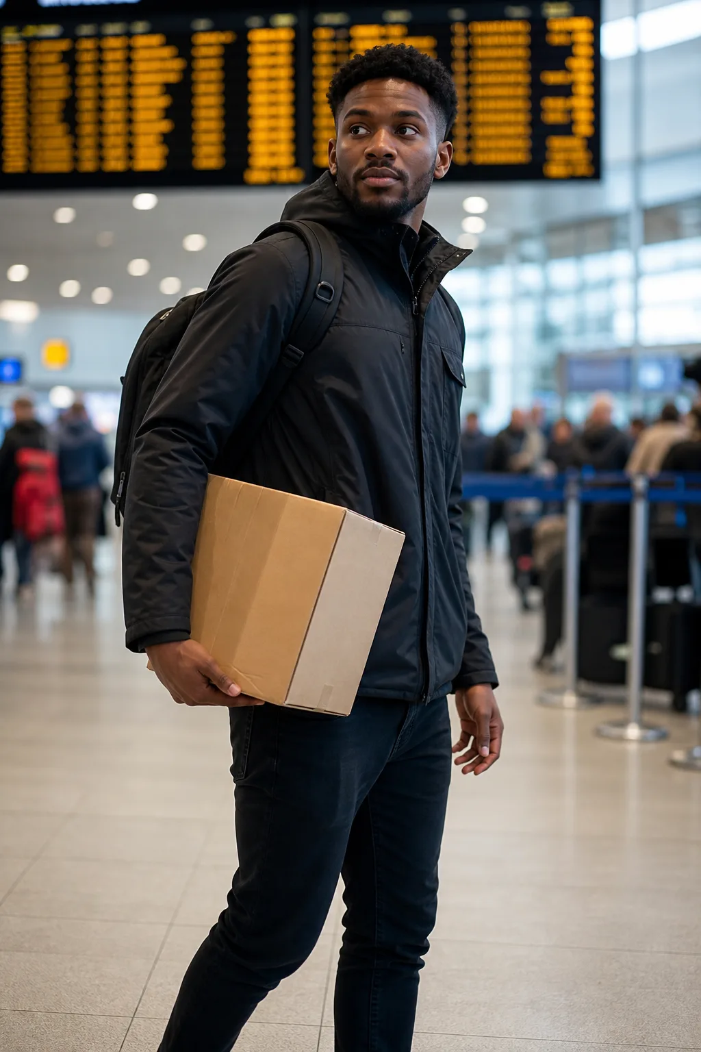 A traveler carrying a parcel through an airport departures hall